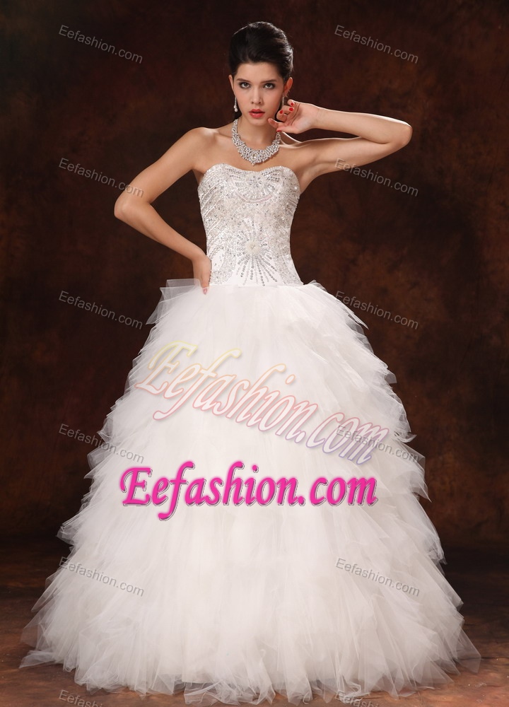 Sweetheart Long Champagne Tulle Beaded Wedding Dress with Ruffles