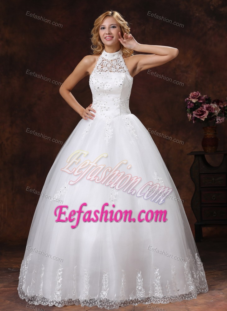 Brand New High-neck Long Organza Wedding Gowns with Appliques
