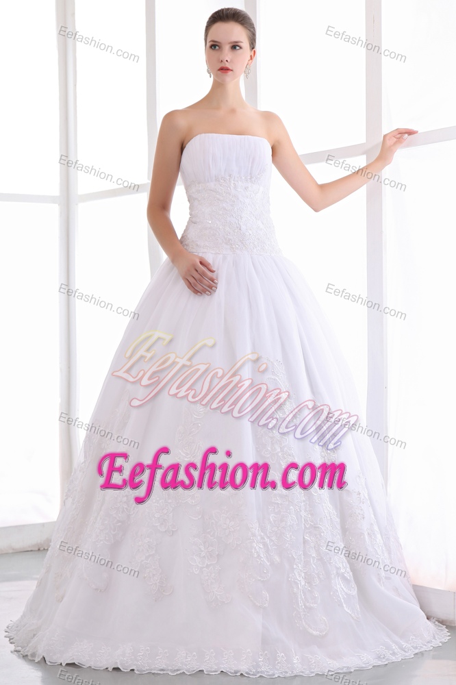 Custom Made Strapless Long Wedding Dress with Appliques on Sale