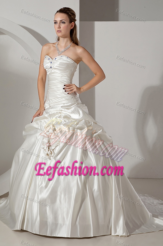 Beaded Sweetheart Brush Train Wedding Dresses with Pick-ups and Flowers