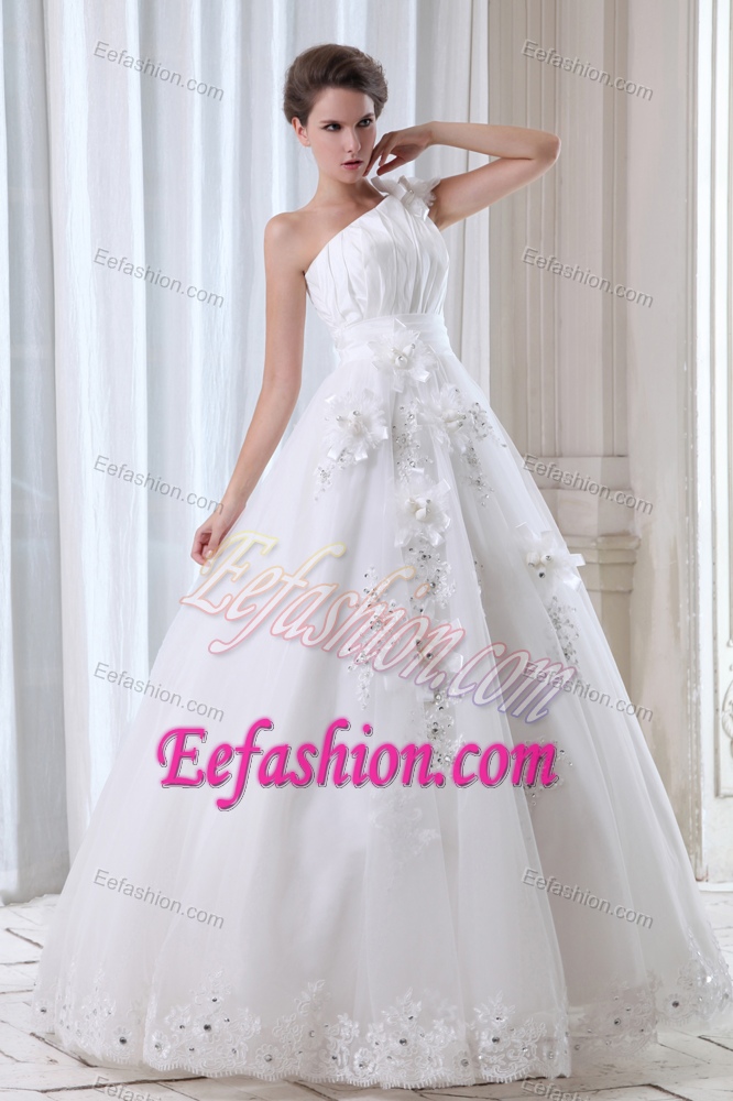 One Shoulder Long Ruched Organza Wedding Dresses with Appliques