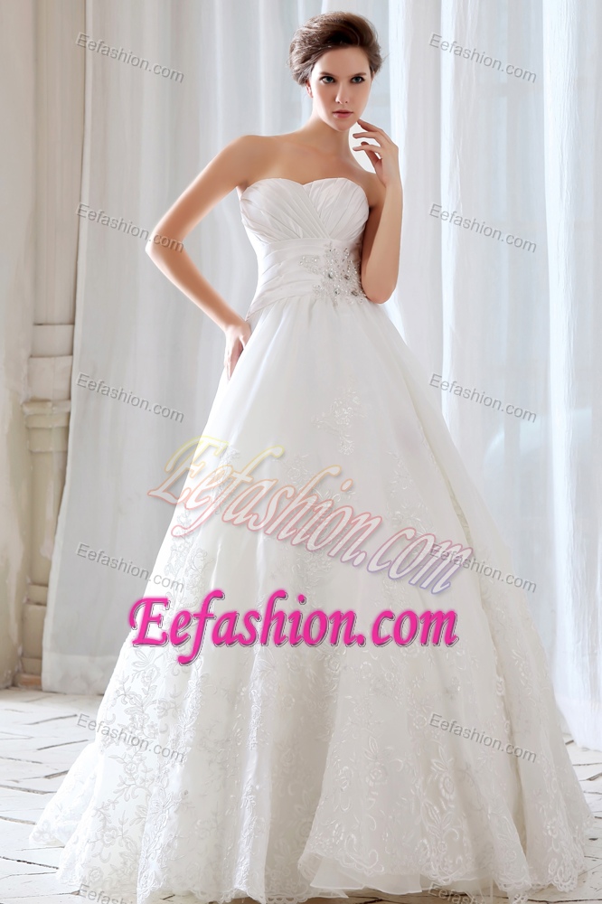 Sweetheart Long Princess Lace Ruched Wedding Dress with Appliques