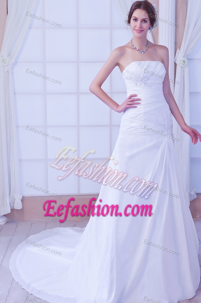 Strapless Court Train White Wedding Dress with Ruching and Beading