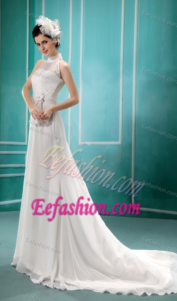 White High-neck Designer Bridal Dress With Sash and