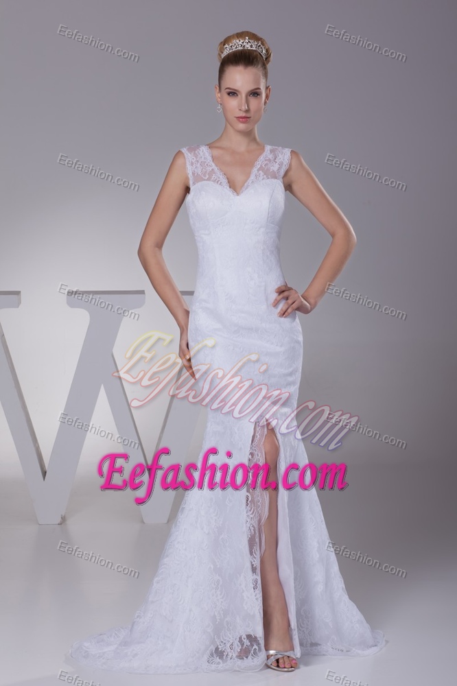 Romantic Mermaid V-neck Lace Dresses for Bridal with High Slit Best Seller