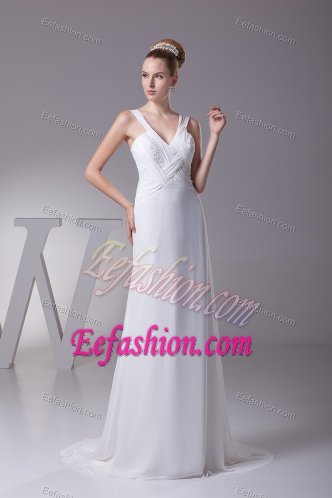 Straps V-neck Brush Train Designer Bridal Dress with Ruching and Beading