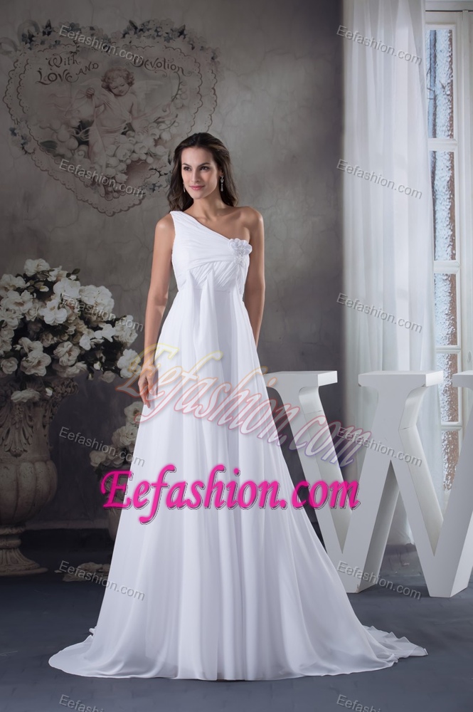 Single Shoulder Court Train Bridal Dresses in White with Ruching for Cheap