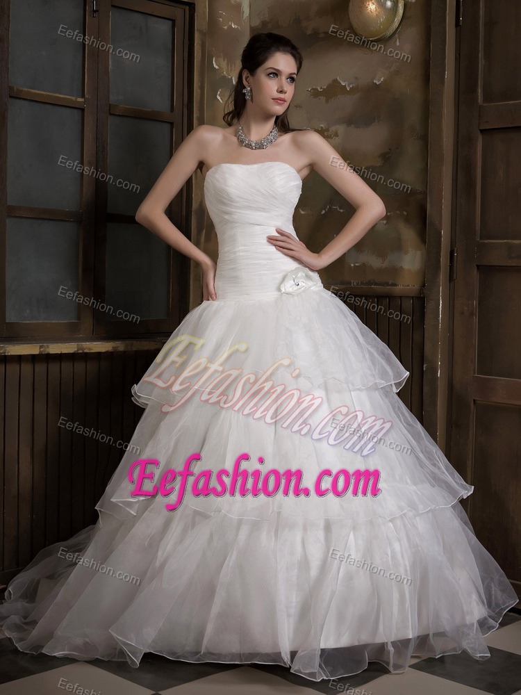 Simple A-line Strapless and Organza Dress for Bridal with Ruching