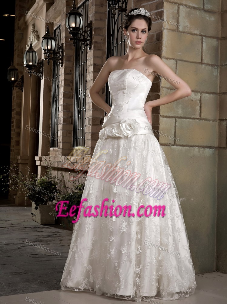 A-line Strapless and Lace Designer Bridal Dress with Hand Flowers
