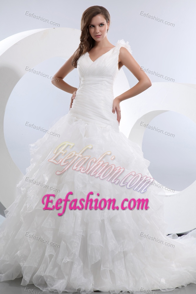 Pretty A-line V-neck Ruffled Dress for Bride in and Organza on Sale