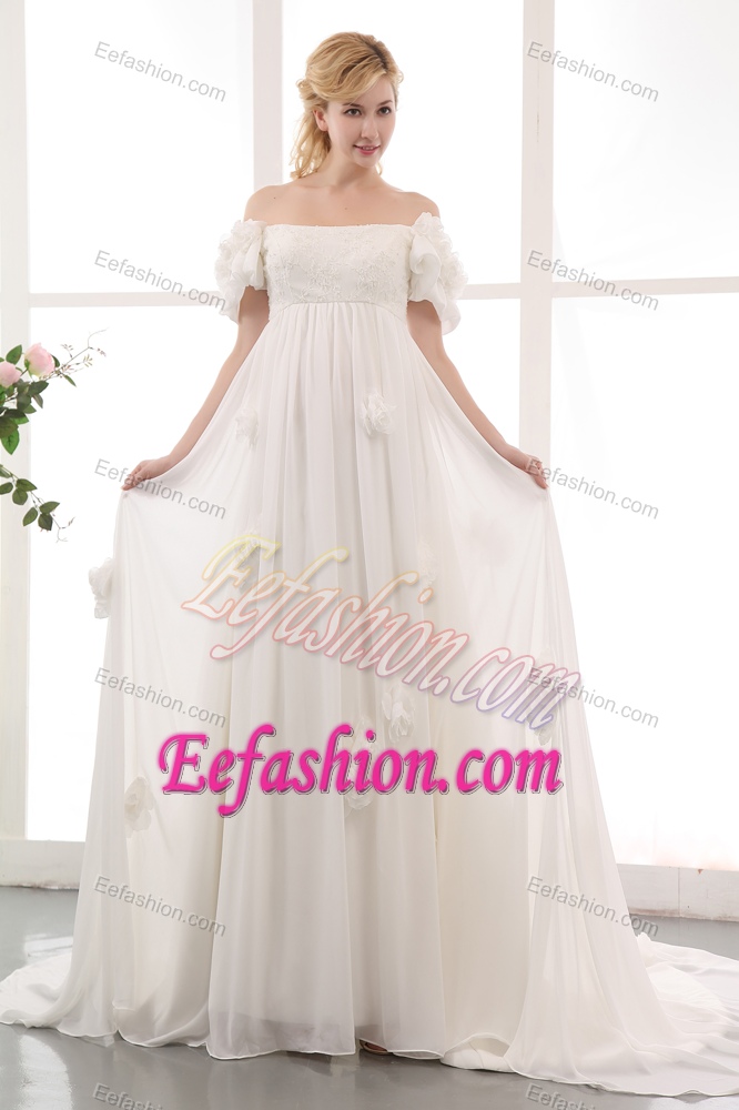Simple Empire Off The Shoulder Chiffon Bridal Dresses with Hand Flowers
