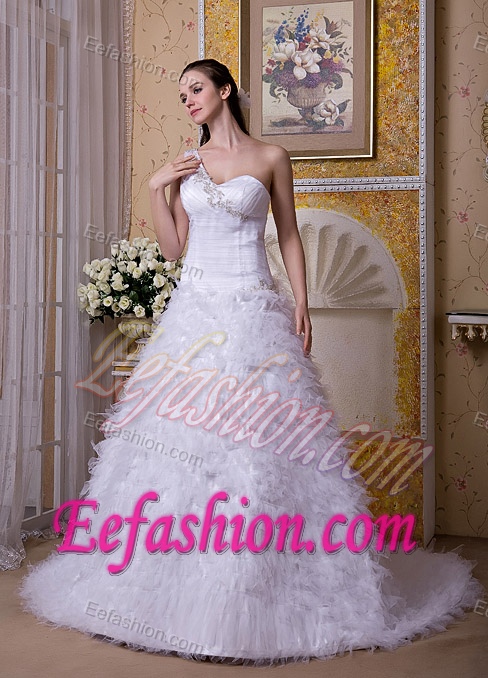 Modest One Shoulder Satin and Tulle Designer Bridal Dress with Appliques
