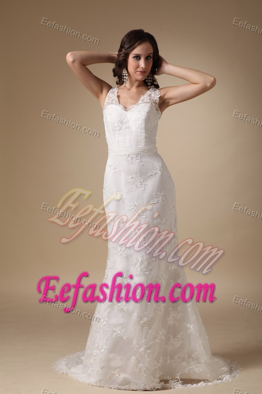 Pretty V-neck and Lace Bridal Dress with Sweep Train on Sale