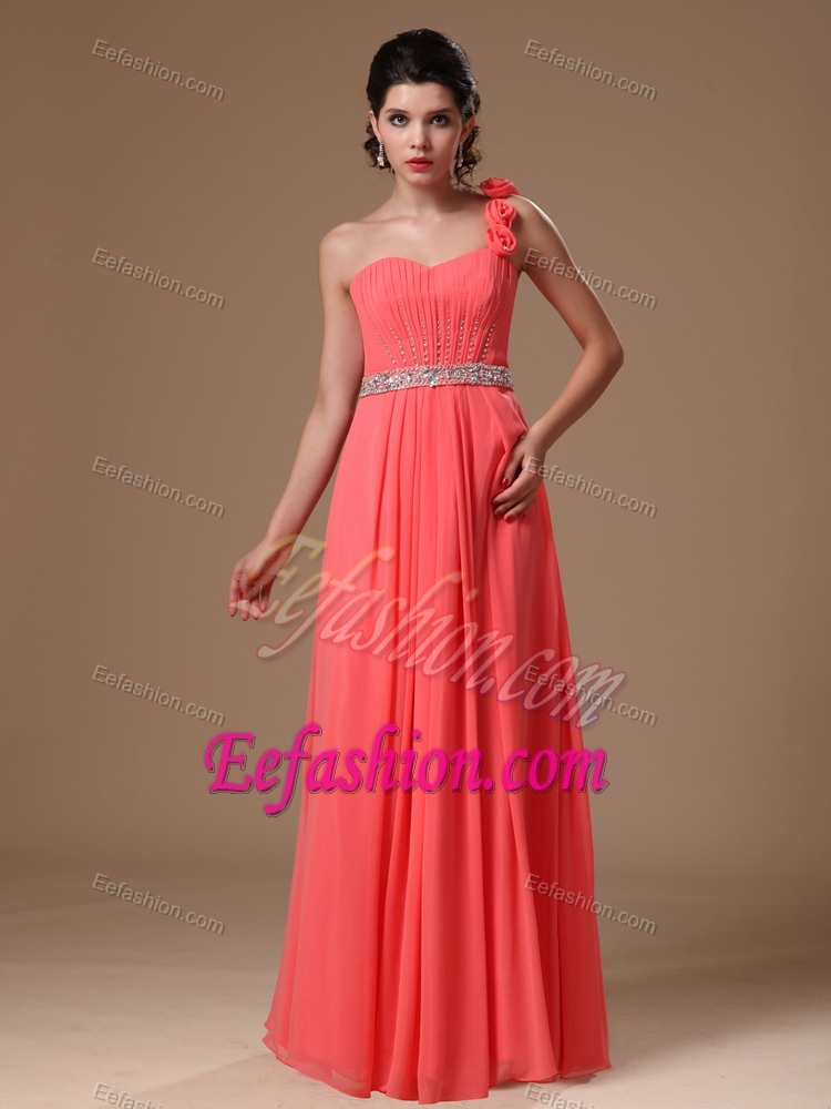 One Shoulder Long Watermelon Beaded Evening Dress with Flowers