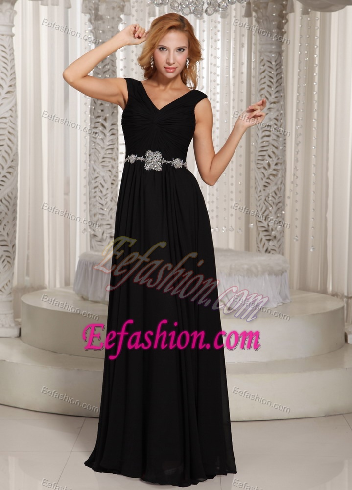 Custom Made V-neck Black Long Ladies Evening Dresses with Belt