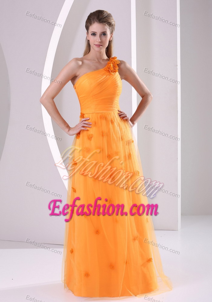 Orange One Shoulder Tulle Pretty Women Evening Dresses in Floor-length