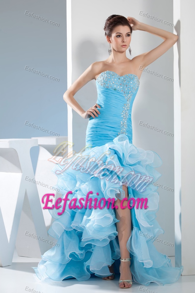 Baby Blue Mermaid Sweetheart Evening Dresses with Beading and Ruffles