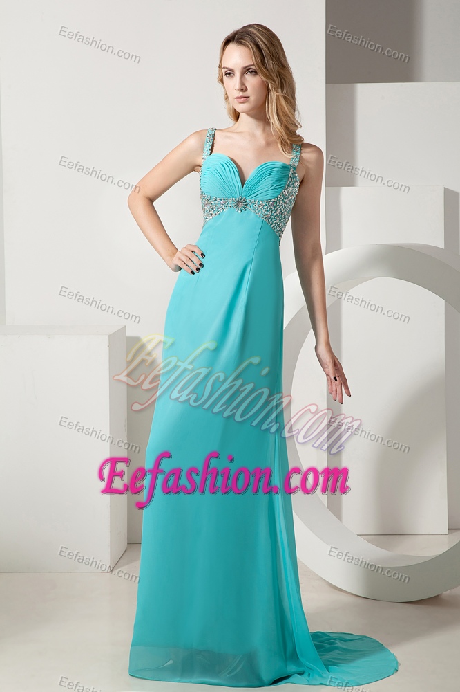 Straps Beading Chiffon Evening Dresses for Women with Ruches in Aqua Blue