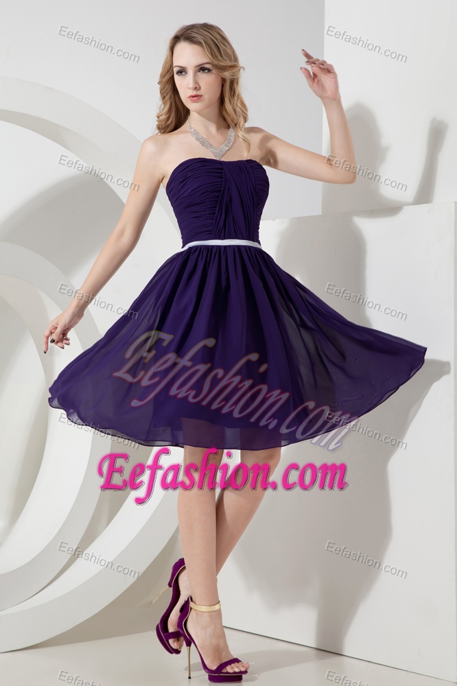 Purple Princess Strapless Evening Dress with Ruches and White Sash