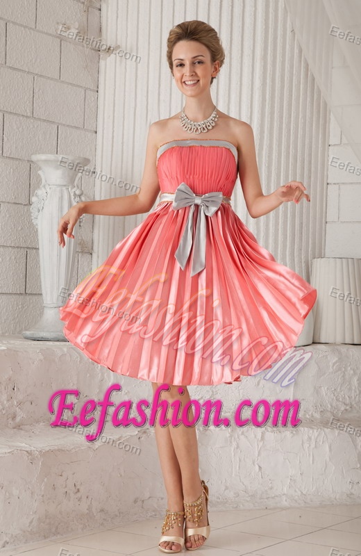 Discount Watermelon Ruched Women Evening Dresses with Bowknot and Pleats