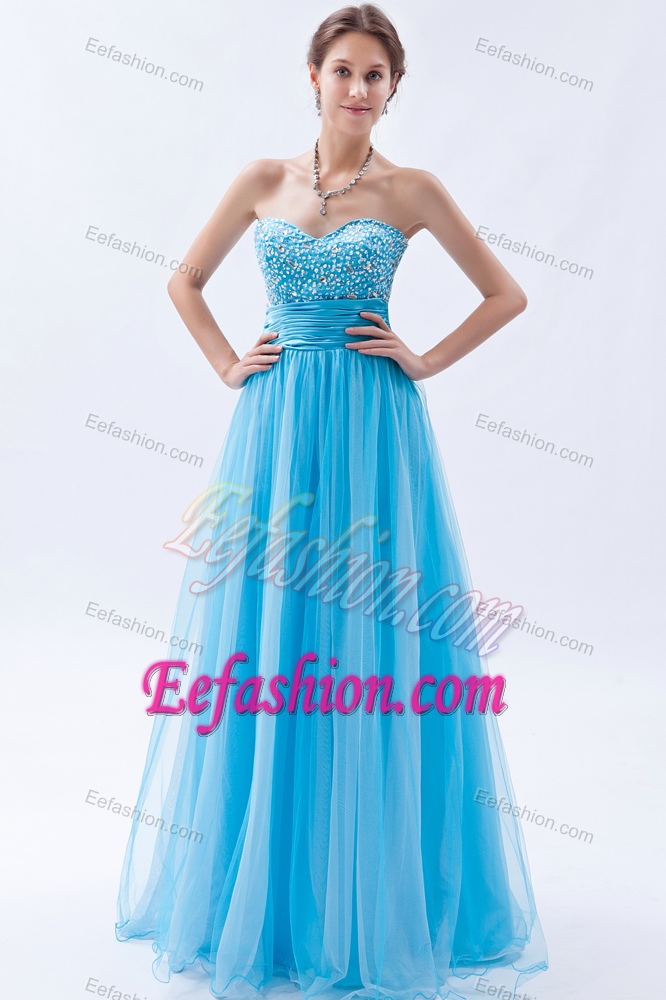 A-line Sweetheart Informal Evening Dress with Ruches and Beads in Aqua Blue