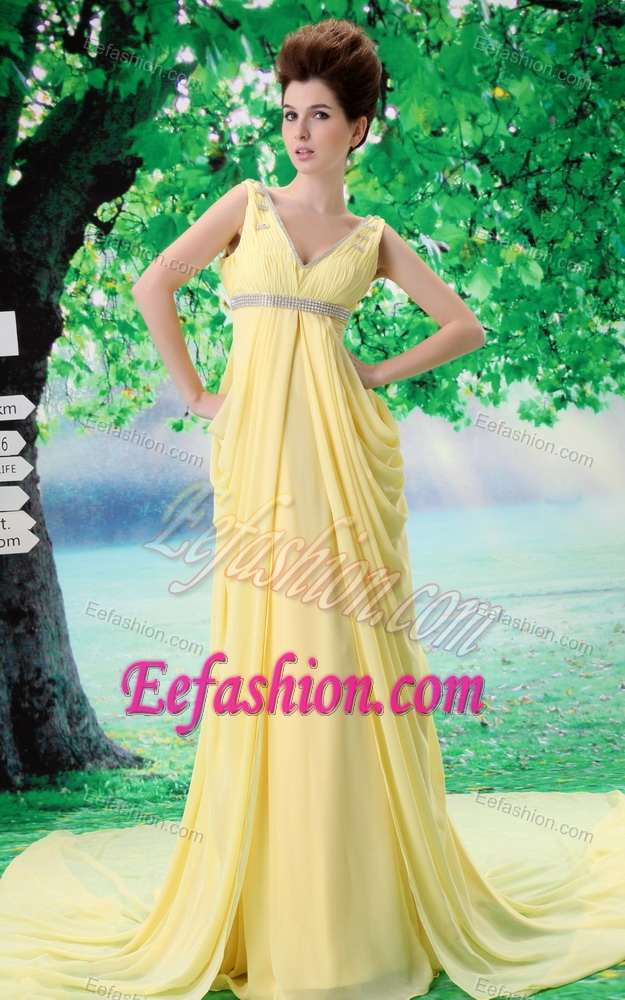 V-neck Yellow Formal Evening Dresses with Beading and Ruching on Promotion
