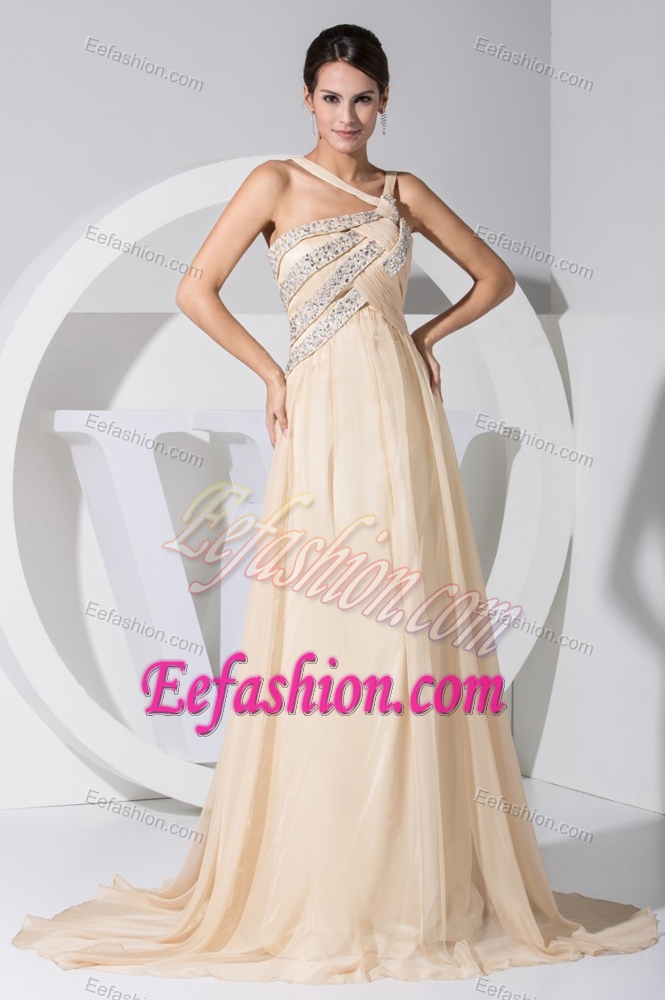 Beading Decorated Evening Dresses with Sweep Train and Asymmetrical Neckline