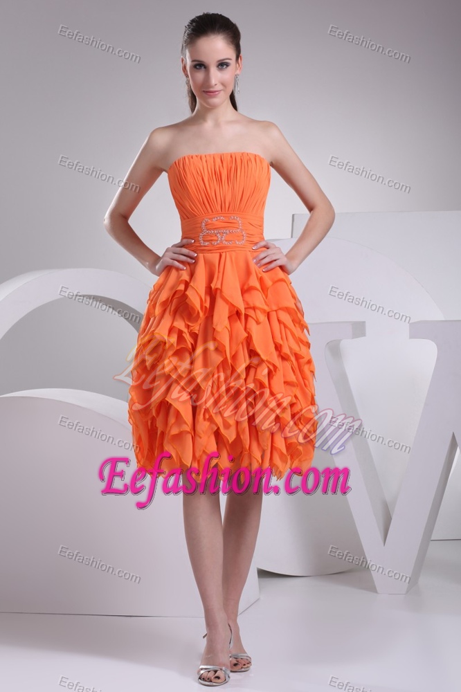 Beautiful Orange Ruched Knee-length Cocktail Evening Dress with Ruffles on Sale