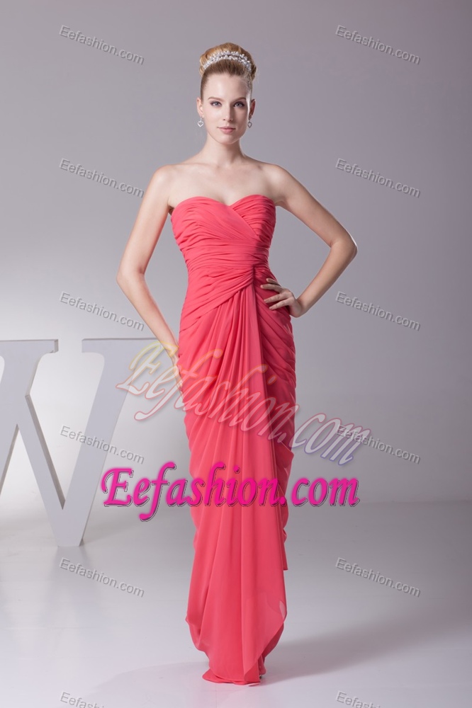 Ruched Sweetheart Full Length Chiffon Evening Dresses in Watermelon