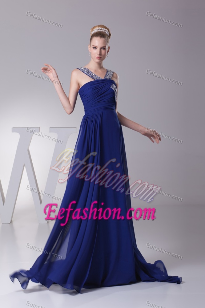 Beaded and Ruched Chiffon Formal Evening Dresses with Sweep Train for Cheap