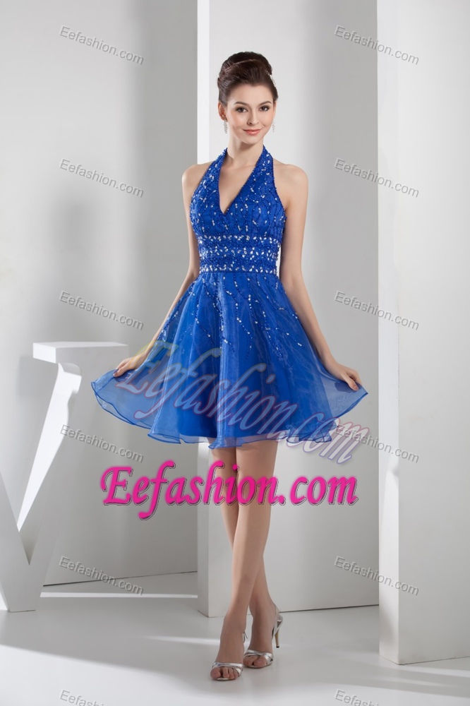 Mini-length Blue Organza Cocktail Evening Dress with Beading and Layers in 2014