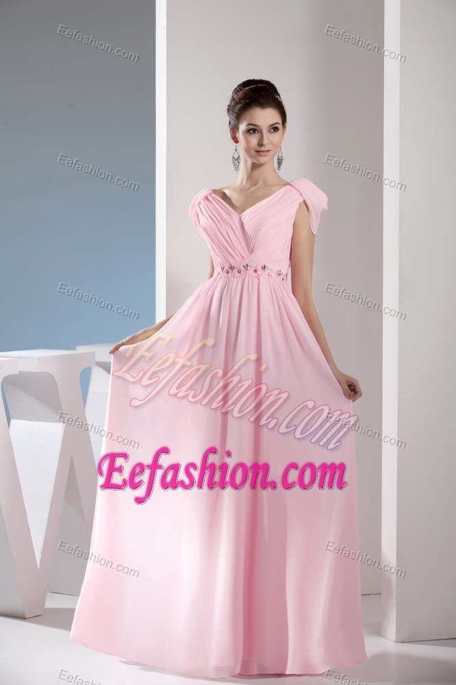 New Empire Light Pink V-neck Women Evening Dress with Beading and Ruching