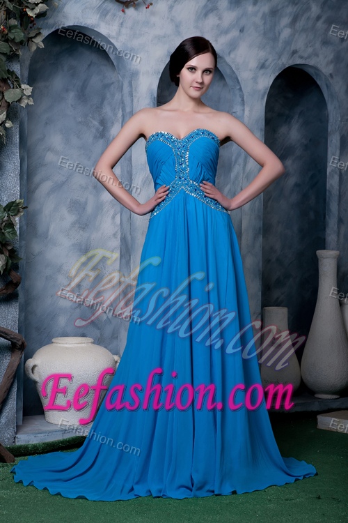 Blue Empire Sweetheart Chiffon Beaded Formal Evening Dress with Brush Train