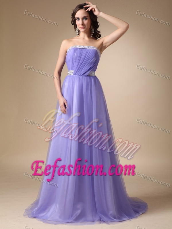 2014 Pretty Lilac A-line Strapless Brush Train Tulle Beaded Prom Celebrity Dress
