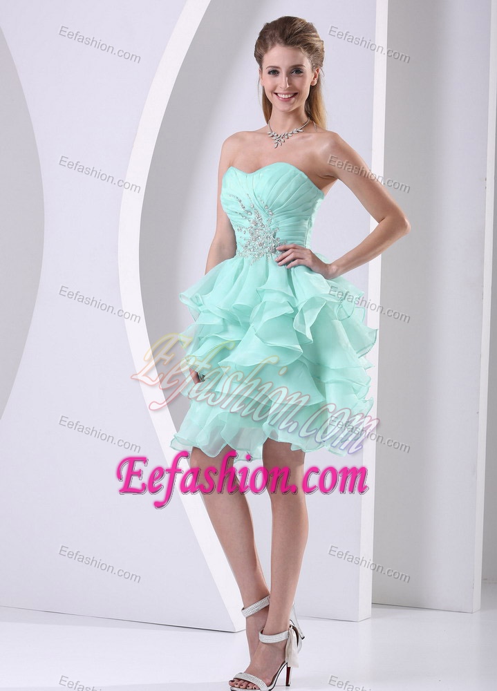 Stylish Apple Green Ruffled Sweetheart Ruched and Beaded Prom Cocktail Dress