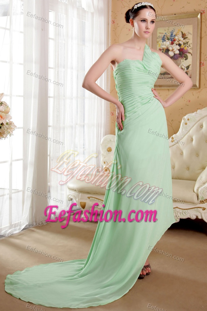Discount One Shoulder High-low Prom Party Dress with Ruches in Light Green