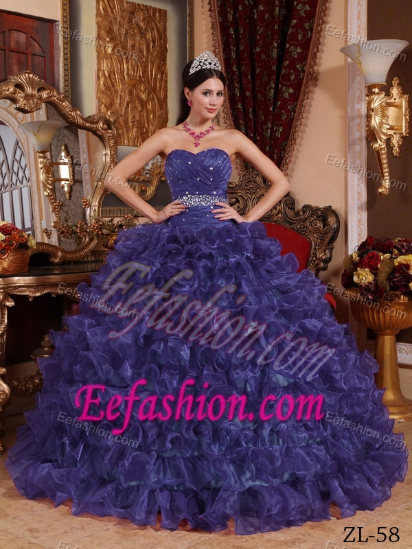 2014 Dark Purple Sweetheart Organza Beaded Quinceanera Dress for Custom Made