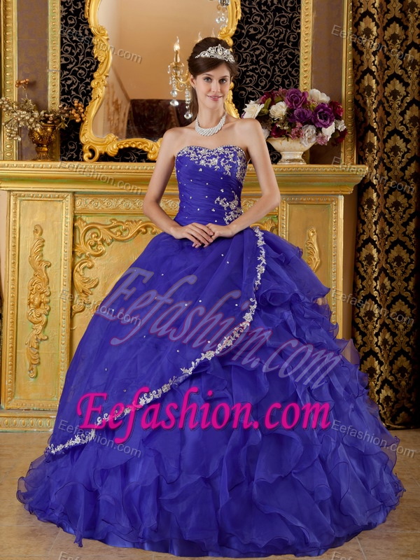 Beautiful Blue Strapless Organza Appliques Decorated 2014 Quinceanera Dress