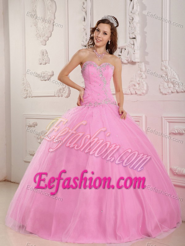 Lovely Sweetheart Tulle Pink Quinceanera Dress with Appliques on Promotion