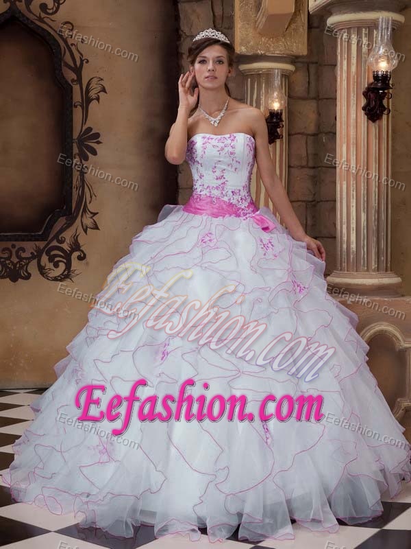 White Strapless Organza Quinceanera Dress with Embroidery on Wholesale Price