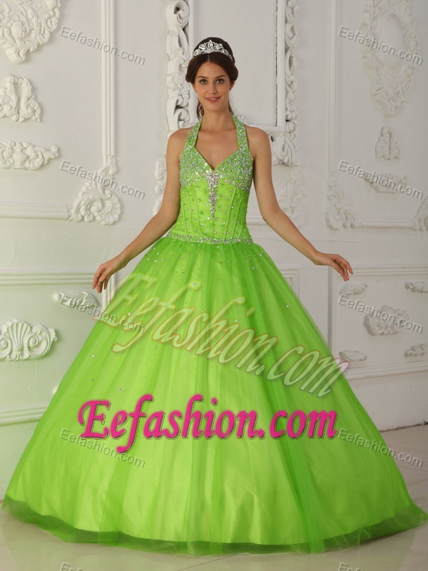 Impressive Spring Green A-line Halter Long Tulle Quinceanera Dresses