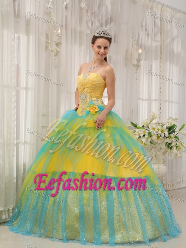 Exquisite Yellow and Blue Ruched and Beaded Quinceanera Gown Dress for Fall