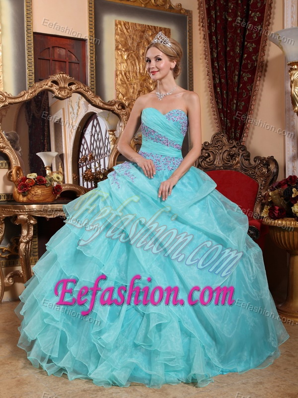 Discount Baby Blue Appliqued and Ruched Quinceanera Dresses for Summer