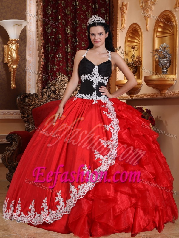 Red and Black Halter Top and Organza Long Dresses for Quinceaneras