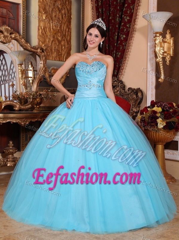 Baby Blue 2013 Attractive Ruched and Beaded Long Dress for Quinceaneras