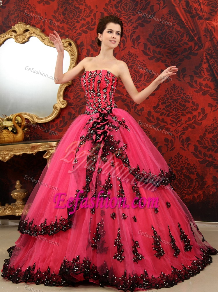 Strapless Court Train Tulle Quinceanera Gown Dresses in Coral Red and Black