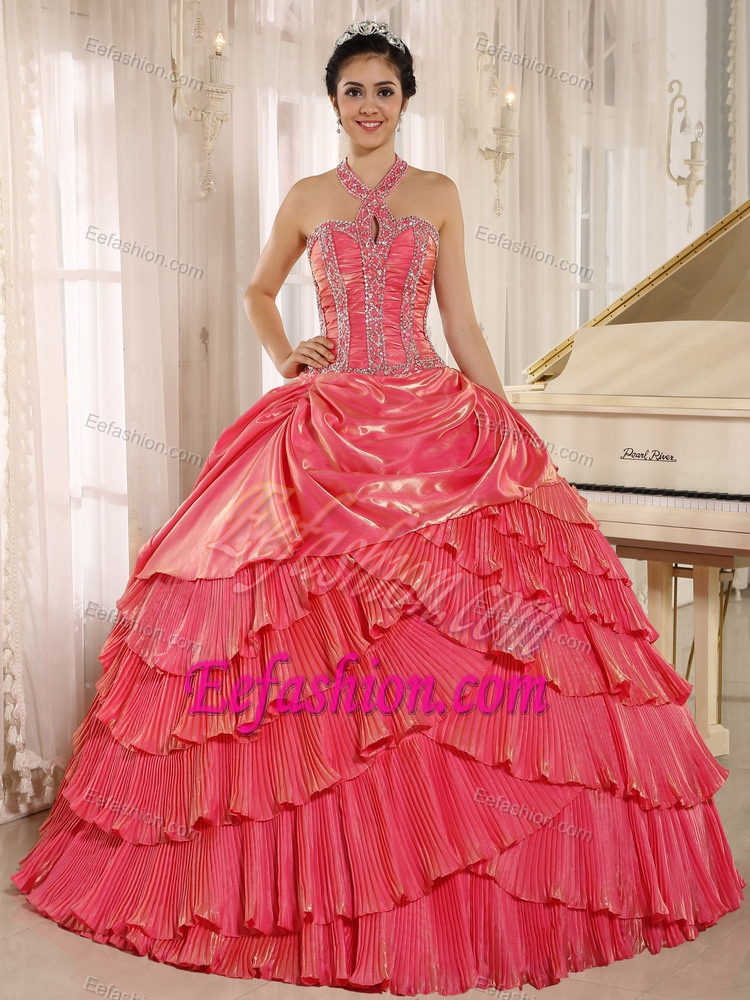 Wonderful Halter Top Watermelon Organza Quinceanera Dresses with Pleats
