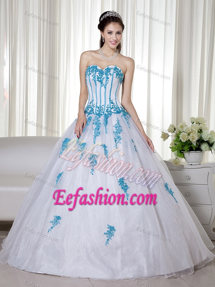 A-line Sweetheart White and Aqua Appliques Clearance Quinceanera Dress