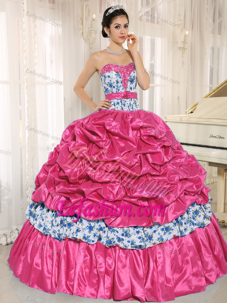 Hot Pink Sweetheart Full Skirt Pick-ups Multi-colored Print Quinceanera Dress