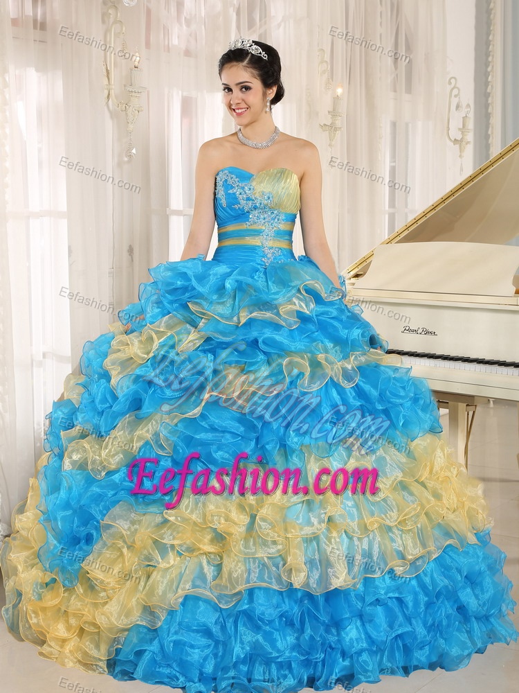 Teal and Yellow Full Skirt Layered Ruffles Quinceanera Dress with Appliques